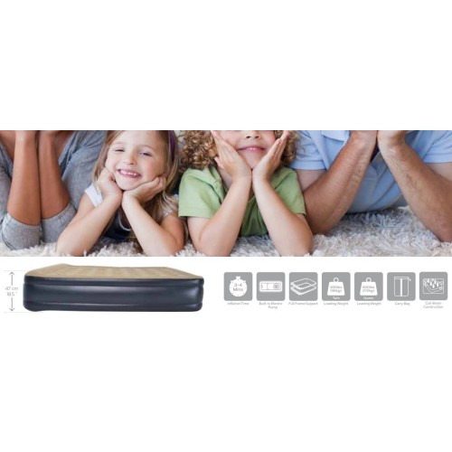 Materasso Gonfiabile High Raised Twin Size 195x94x37 Floccato Bianco Grigio con Pompa Elettrica Integrata e Borsone